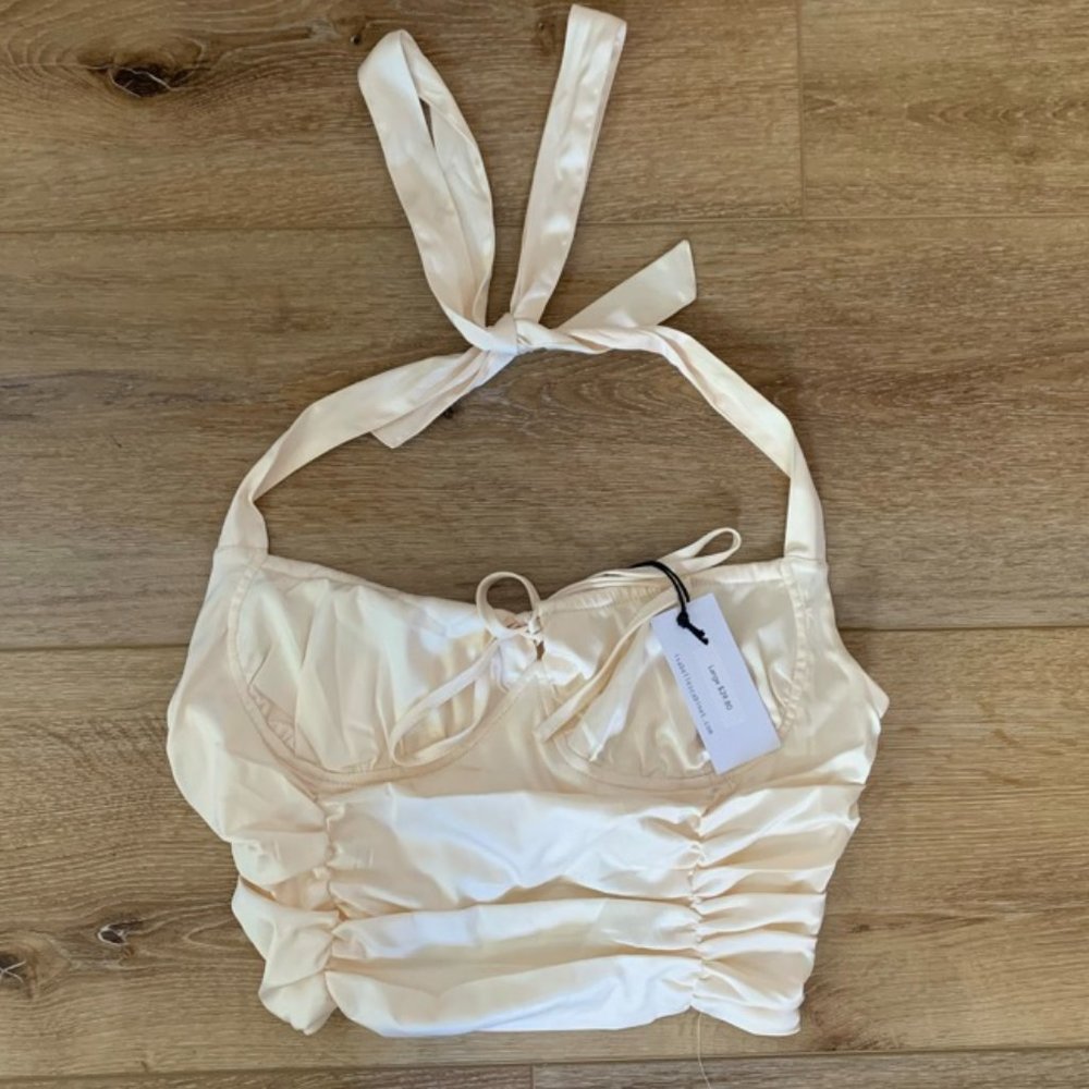 Isabelle's Cabinet Satin Cream Ruched halter top